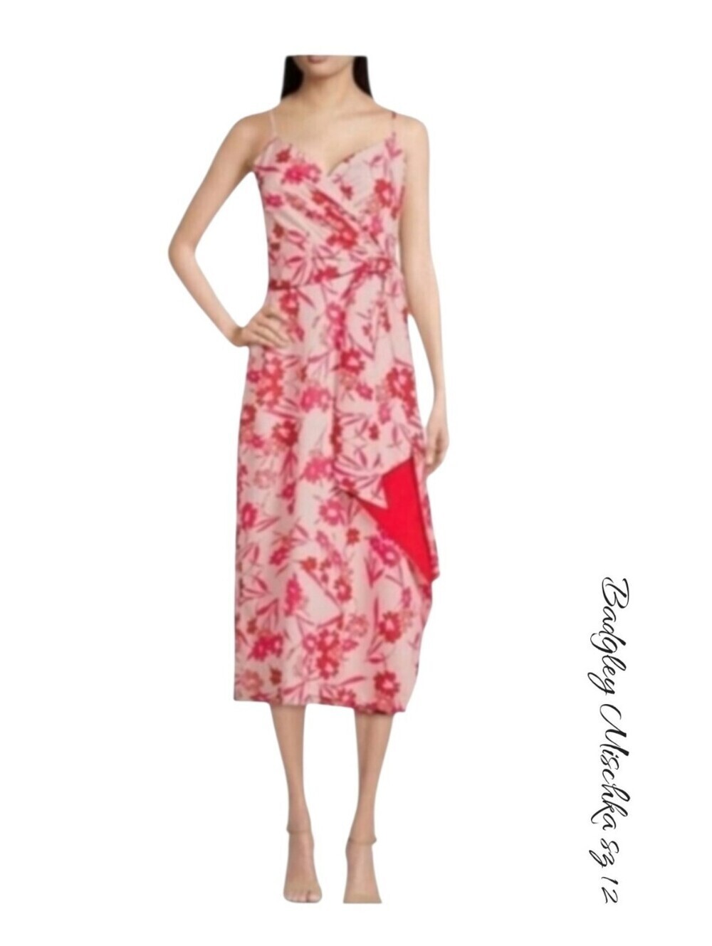 NWT Belle Badgley Mischka Pink Floral Satin Midi Dress 12